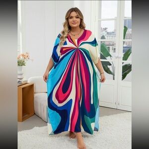 Multicolor Muumuu Kaftan Batwing Dress Summer Coverup